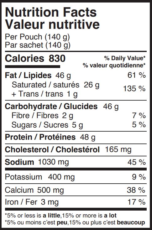 Peak Refuel Chicken Alfredo Nutritional Fact Table